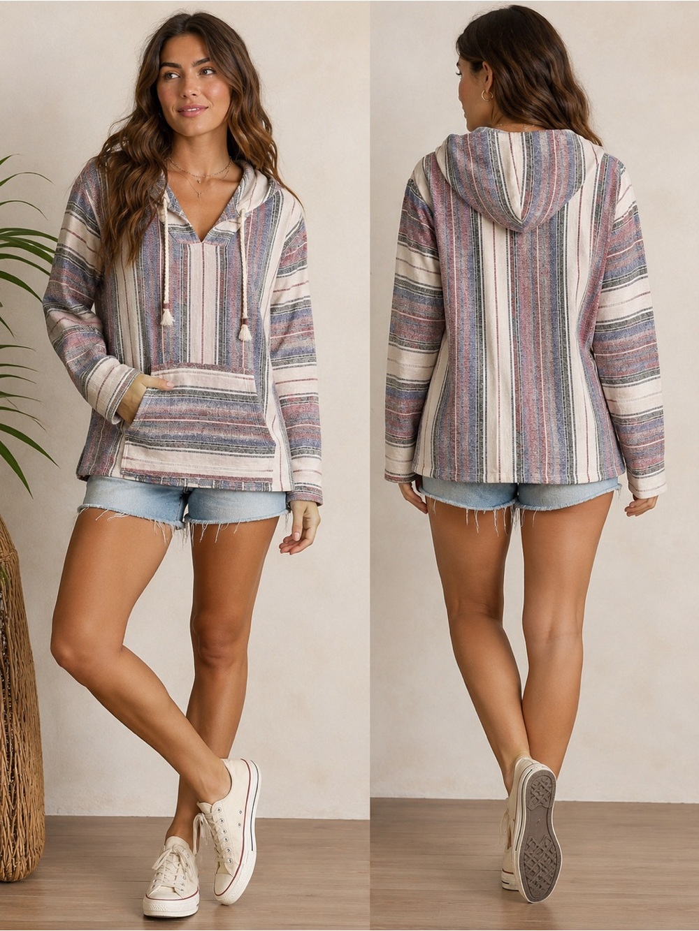 Forever 21 Women’s Baja Hoodie Linen Cotton Striped Pullover Hooded Top